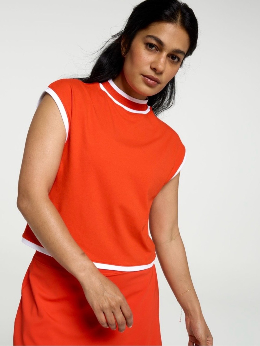 CALIA Women’s Ribbed Cropped Mock Neck Tank NWT Size M Fresh Red with White Trim
